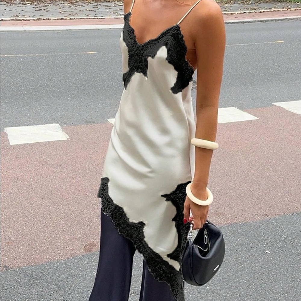 Elegant Black and White Lace Slip Dress